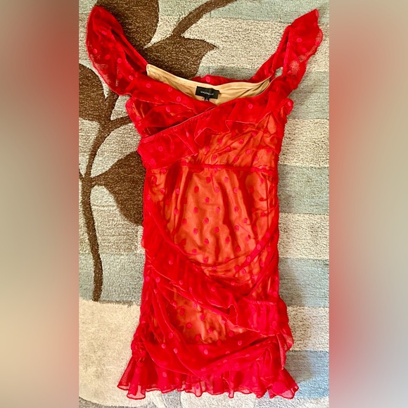 Majorelle Off Shoulder Bandit Mini Dress in Red Swiss Dot TB5